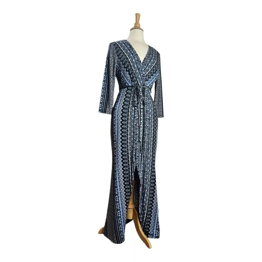 Venus Maxi Dress L Jersey Stretch Front Slit Floral Stripe Blue Black White